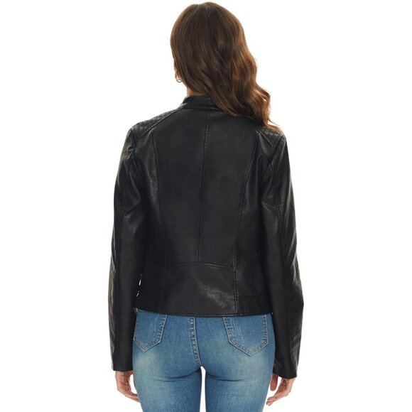 Women's Faux Leather Jackets Motorcycle PU Moto Biker Outwear Coat Jet Black - Picture 4 of 5